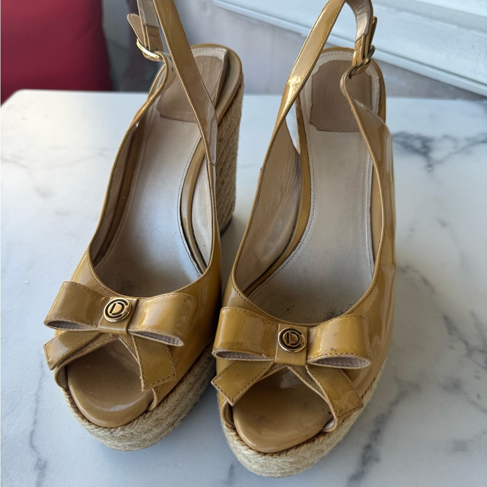 Christian Dior Yellow Patent Leather Bow Accents Espadrilles Size 39